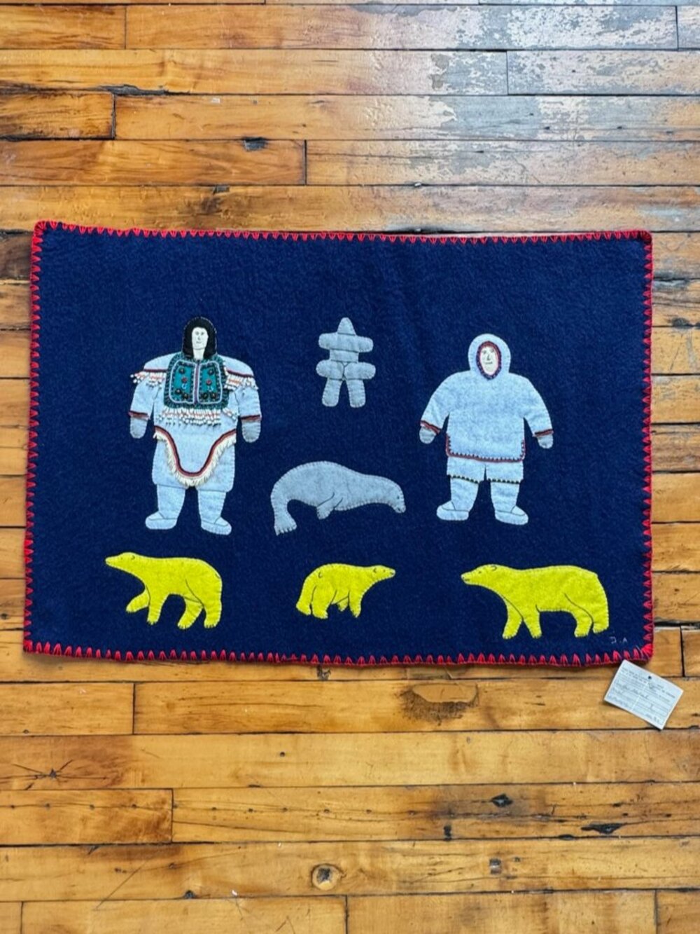 Vintage Inuit Felted Wool Embroidered Beaded Wall Hanging by Dorothy Akatsick